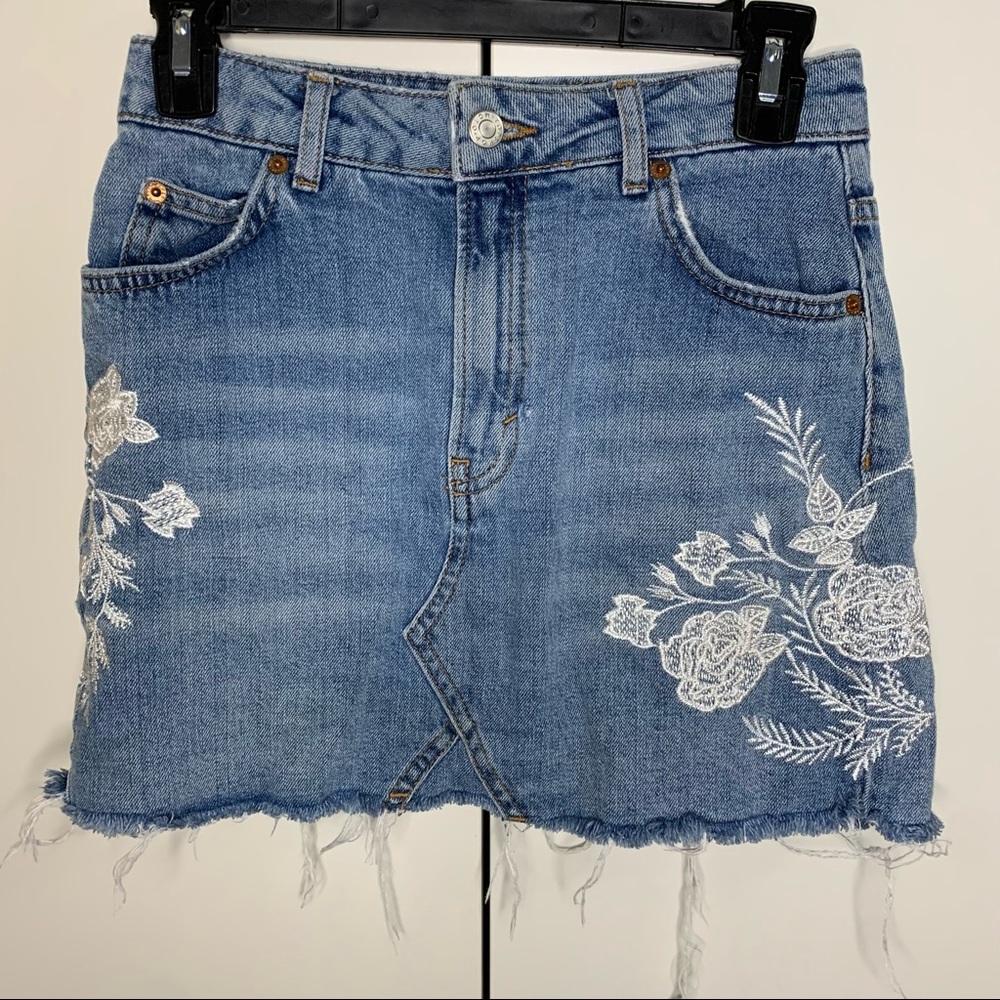 Topshop Moto Embroidered Floral Denim Jean Skirt